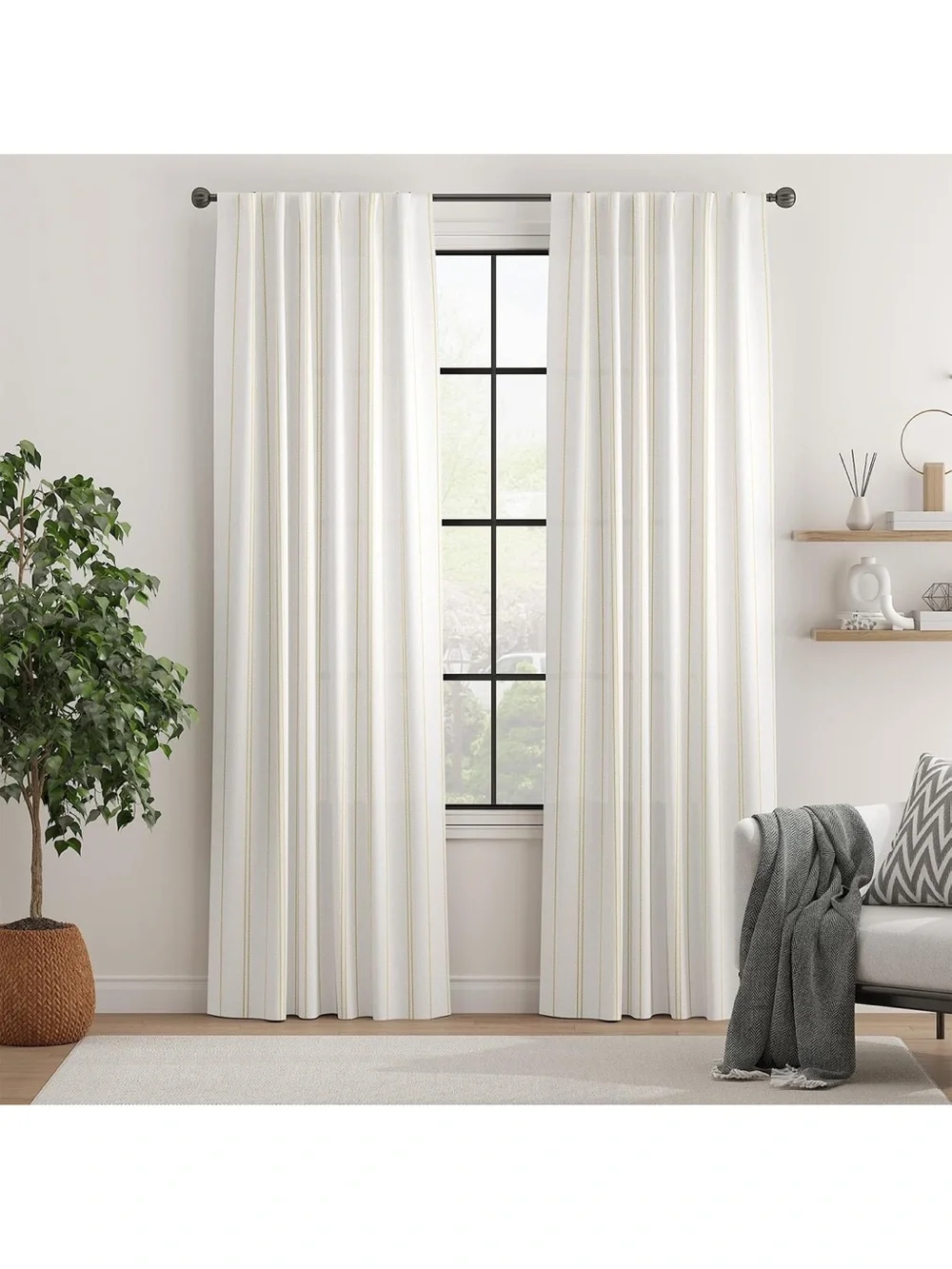 Yellow Striped Curtains 90”Length Window Treatment Modern Linen Look 1857/c-1